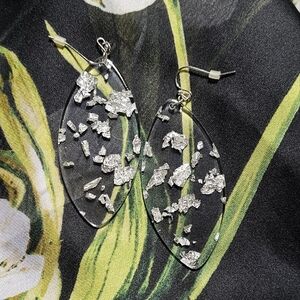 Silver Flake Dangle Earrings Statement Length